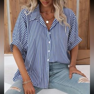 Classic Oversized Loose Fit Stripe Batwing Sleeve Button Down Shirt Top Blouse